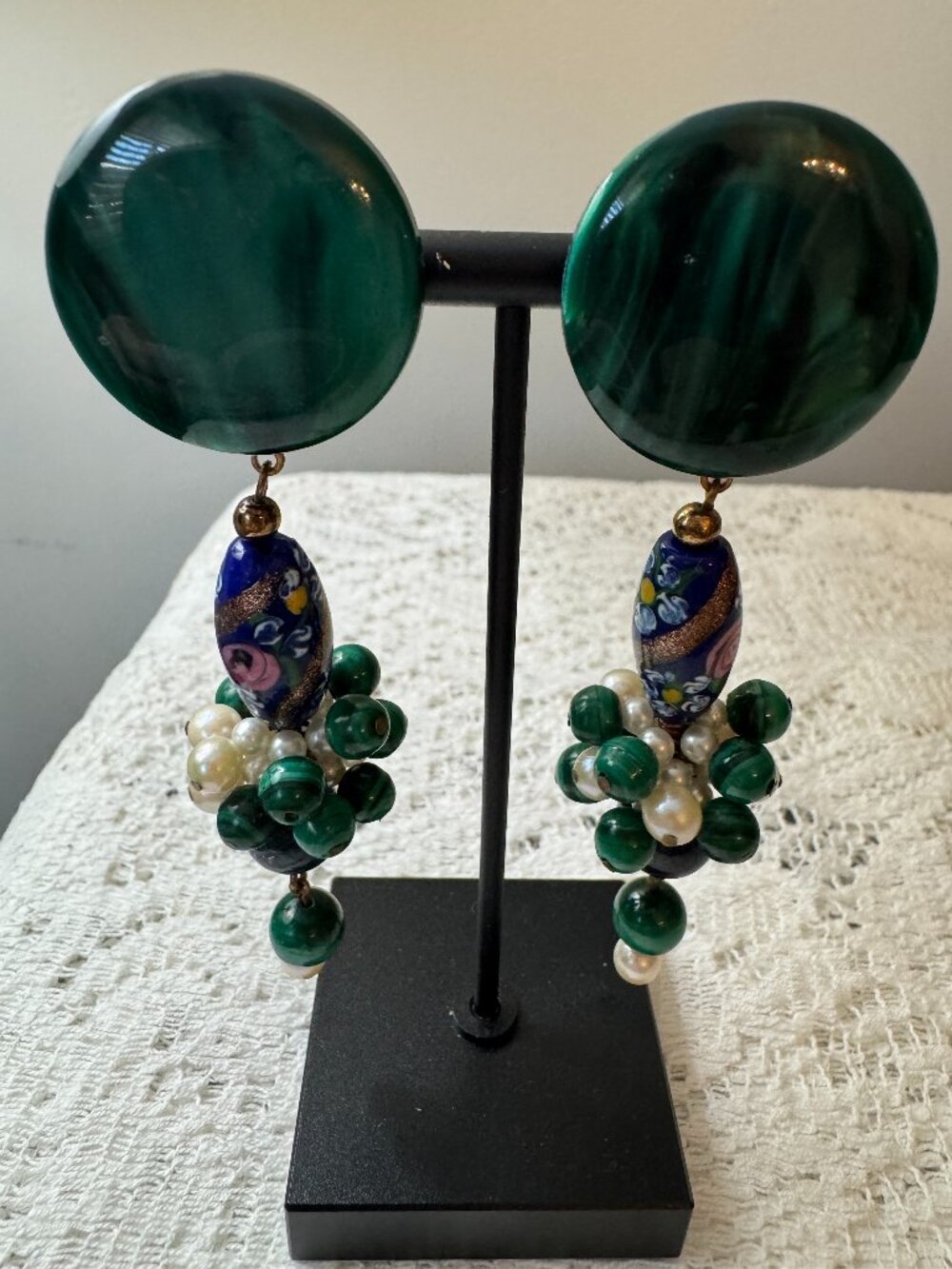 Vintage Artisan Statement Dangle Earrings - Genuine Malachite, Lapis & Pearls